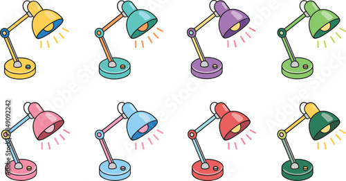 Colorful Desk Lamp Illustration Set Isolated on White Background Cute Modern Adjustable Lighting Icons Flat Vector Collection