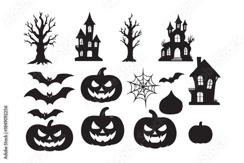 vector set halloween silhouette featuring spooky trees, haunted houses, carved pumpkin faces, spider webs, bats, and pumpkin shapes. Halloween icon. Halloween icon set.
