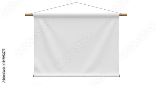 Blank white scroll mockup hanging on wooden dowel isolated on white background, perfect for showcasing artwork or advertising messages