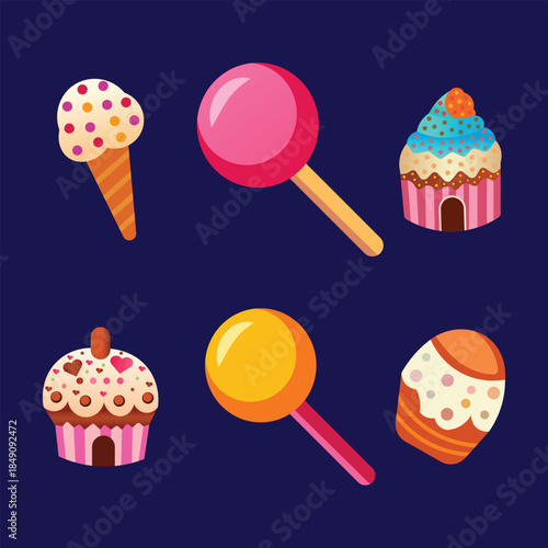 Cute Candy & Dessert Icon Set – Cupcake, Lollipop and Ice Cream Vector for Kids, Bakery & Sweet Shop Design