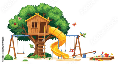 Colorful kids playground 2D flat vector illustration featuring a detailed summer treehouse structure, a winding slide, and an access ladder, perfectly isolated on a clean white background.