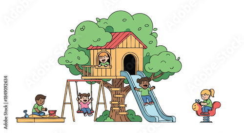 A cheerful 2D flat design vector scene depicts happy children playing games and having fun together in a detailed wooden treehouse playground setting, isolated on a clean white background.