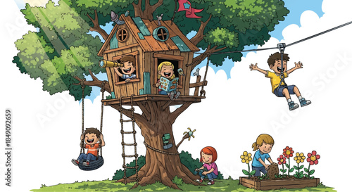 Detailed 2D flat cartoon illustration depicting happy children playing games and enjoying bright summer fun together in a rustic wooden treehouse against a clean white background.