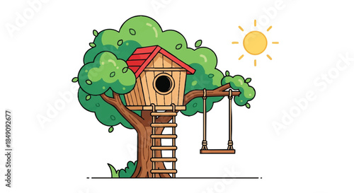 Cheerful 2D flat illustration showing a summer kids' playground with a wooden treehouse, bright swing, and climbing ladder isolated on a clean white background.