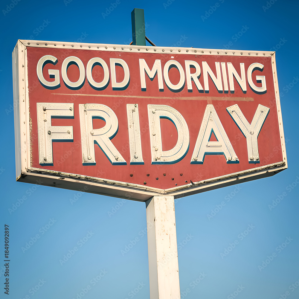 Obraz premium Good Morning Friday Vintage Marquee Sign on Pole Under Clear Blue Sky