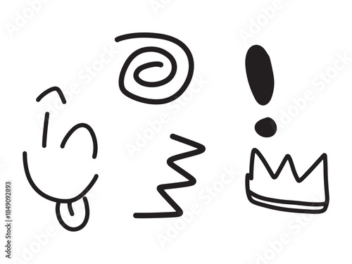 Hand drawn black ink doodle collection featuring crown smiley face question mark exclamation point and abstract spirals