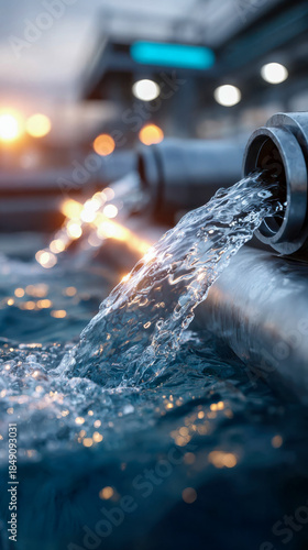 Industrial desalination facility releasing purified water through metal pipes at dusk, symbolizing water treatment technology