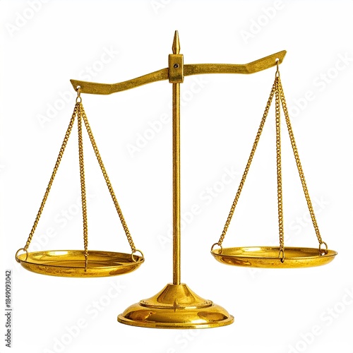 Golden balance scales, symbolizing justice and fairness, isolated on white
