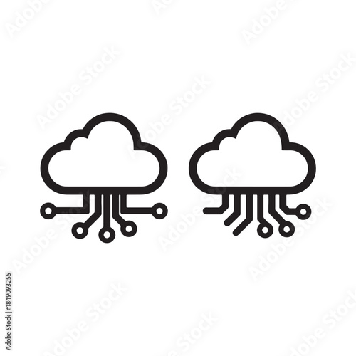 Cloud Computing Icon Set Vector, Data Storage, AI Technology, Digital Network, Server Connection, Simple Outline Illustration