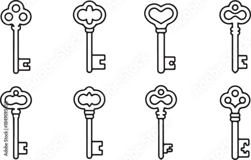 Eight distinct antique keys with intricate bow in black and white line key vintage keys