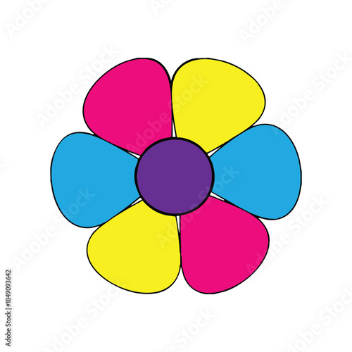 Bright multicolor flower vector with five bold petals, perfect for kids projects, cheerful branding, spring graphics, stickers, and decorative artwork.