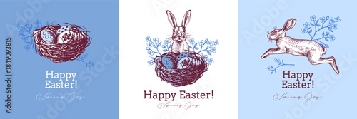 Vintage Happy Easter hand drawn banner set. Spring greeting cards and elegant invitation design. Retro sketch vector illustration. Stickers collage elements