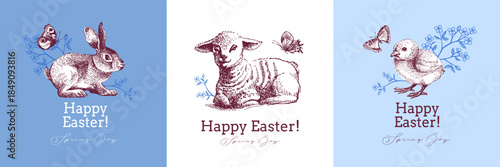 Vintage Happy Easter hand drawn banner set. Spring greeting card and elegant invitation design. Retro sketch vector illustration. Stickers collage elements