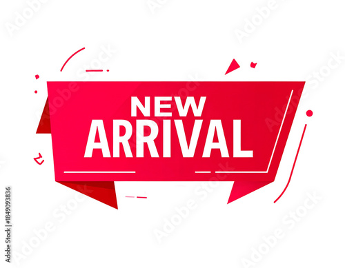A vibrant red promotional banner with 'New Arrival' in white text