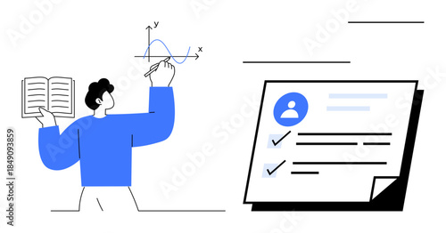 Person holding book and drawing graph on axis with checklist document. Ideal for education, analysis, productivity, learning, statistics, planning, skill development. Simple flat metaphor