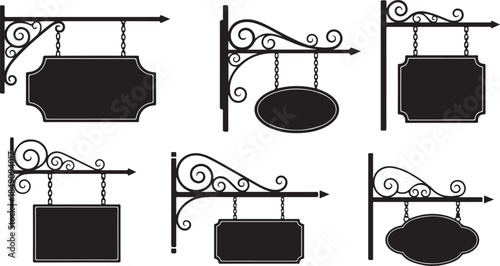 Six ornate black and white hanging sign with decorative brackets and chains vintage style