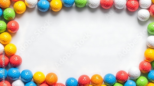 Colorful golf balls arranged in a circular frame on a white background