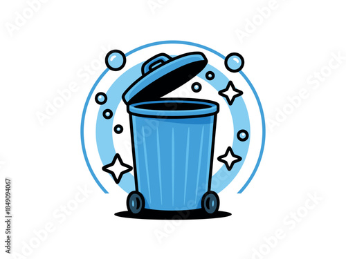 Blue trash can with bubbles and stars, cleaning and recycling concept illustration