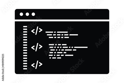 A black and white icon showing a code editor window with programming elements