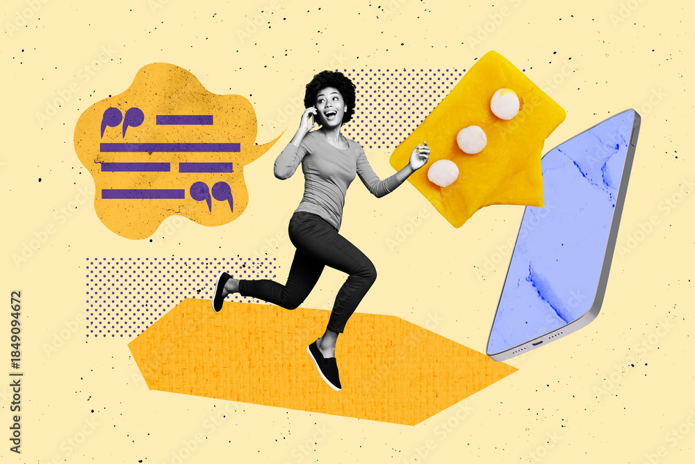 Naklejka premium Composite sketch design 3D photo collage of young lady run smile positive call huge smartphone touchscreen box speech cloud comic chat