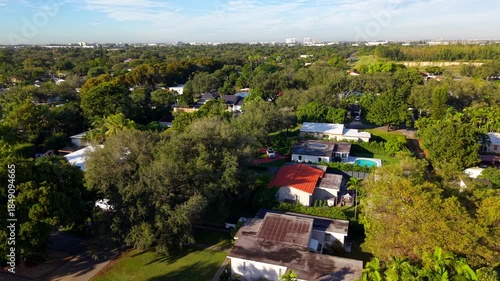 Aerial footage residential neighborhod homes in Miami Springs Florida 2025