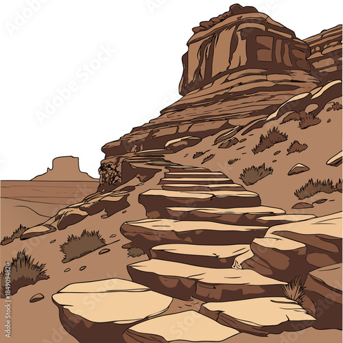 Desert canyon land with stepped rock formations and pathway