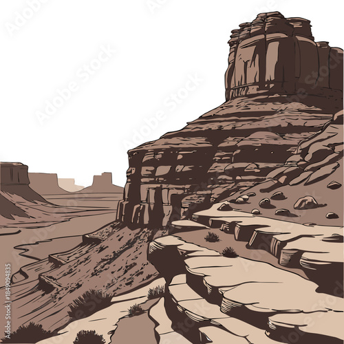 Desert canyon land with stepped rock formations and sparse vegetation