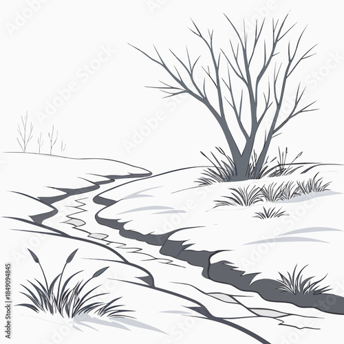 Frozen tundra landscape with bare tree and icy stream
