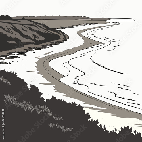 Grayscale of coastal shoreline with smooth curve flow