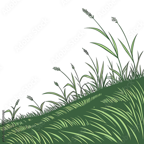 Green grassy hill with blades and stems on white background