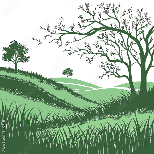 Green grassy hillside with trees and rolling ground waves