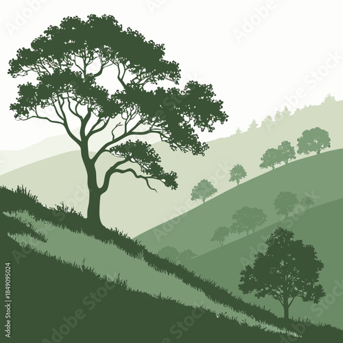 Green hillside with trees in layers landscape nature
