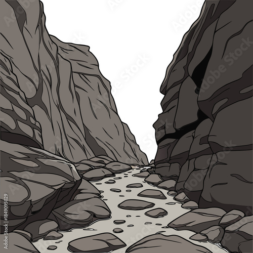 Rocky canyon floor with narrow passage and stream rocks