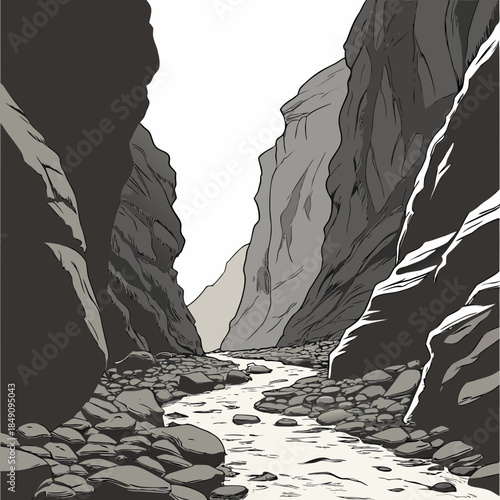 Rocky canyon floor with narrow passage and stream river