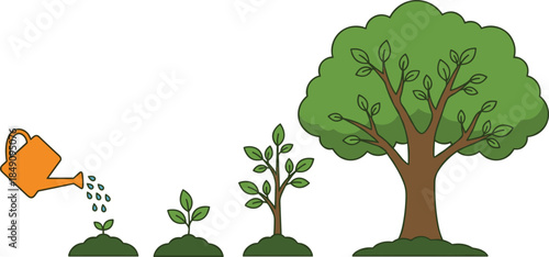 Tree growth life cycle illustration showing watering can seedling sprout sapling and mature tree concept for gardening nature education vector