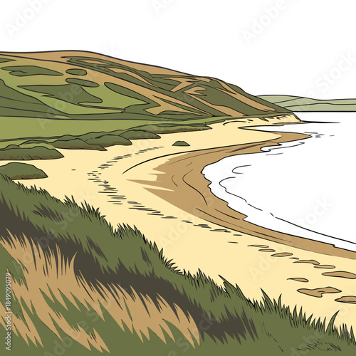 Coastal flatland near tide line with sandy beach and green hills
