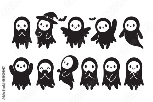 Ghost Outline. Set of Cute Cartoon Ghosts in Various Poses Halloween Clipart
