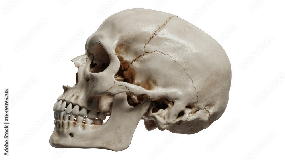 Obraz premium Human Skull with Cracked Bone and Teeth fracture isolated on a transparent background