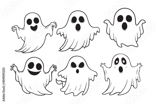 Ghost Outline. Set of Cute Cartoon Ghosts in Various Poses Halloween Clipart