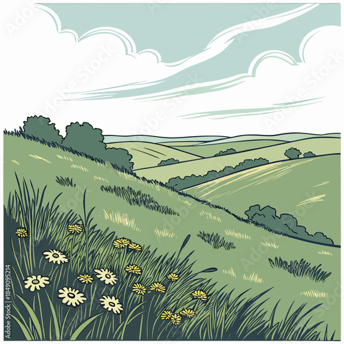 Green prairie landscape with rolling hills trees and wildflowers under blue sky