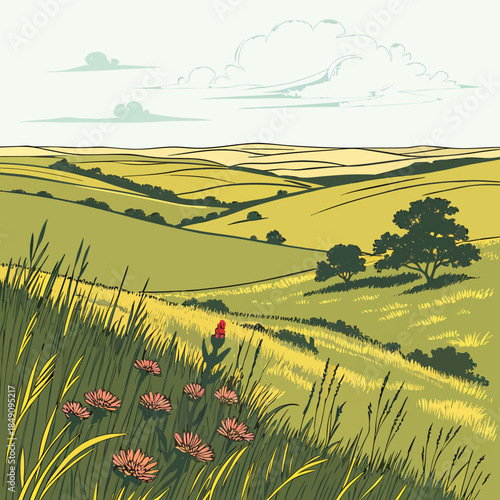 Green prairie landscape with rolling hills trees pink flowers and wide sky space