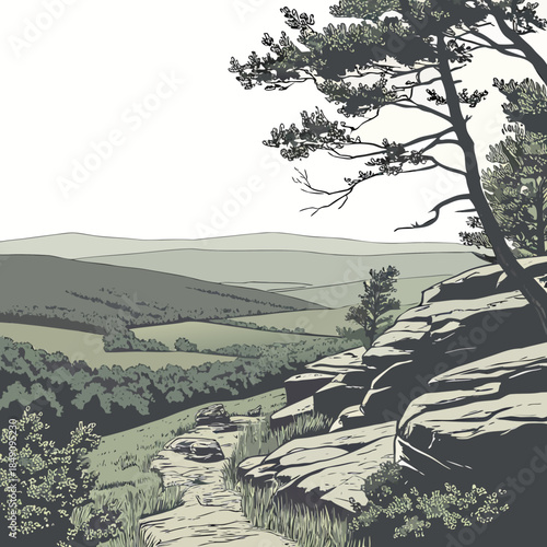 Mountain valley opening to plain realistic landscape