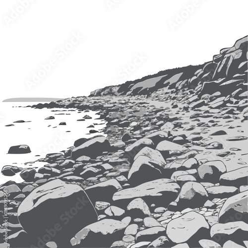 Rocky coastline with uneven stone shapes in grayscale
