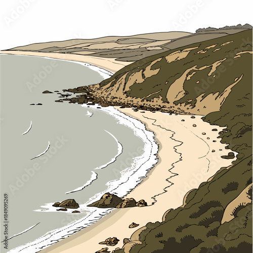 Aerial view of coastal shoreline curve with sandy beach and rocky shoreline