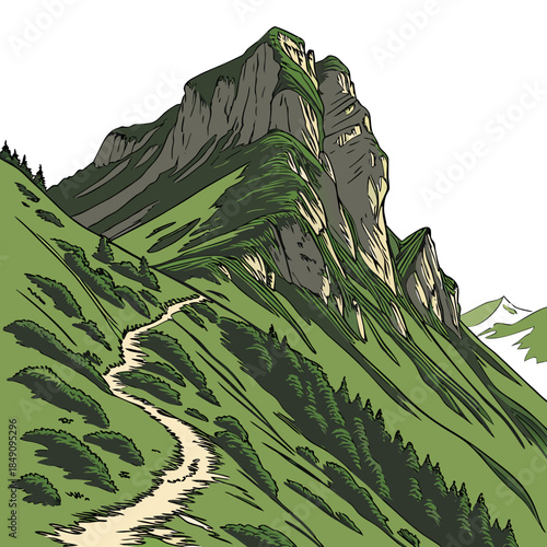 Alpine ridge with steep drop off and winding path mountain