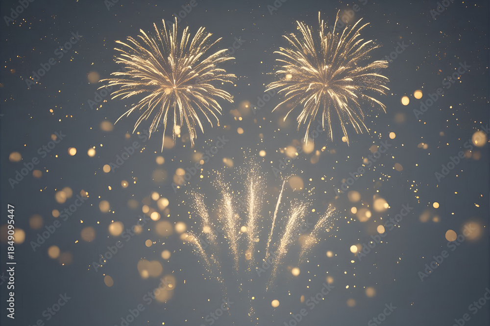Fototapeta premium Exploding golden fireworks light up the night sky with sparkling bursts and bokeh effects, symbolizing celebration and new beginnings.