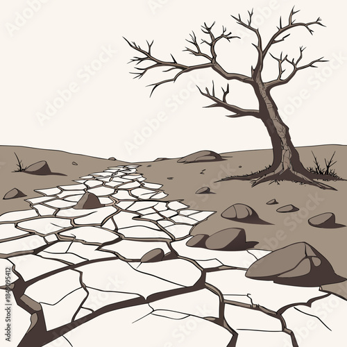 Dry rocky valley floor with bare tree realistic