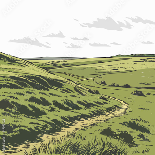 Green hillside with winding path and scattered vegetation under cloudy sky