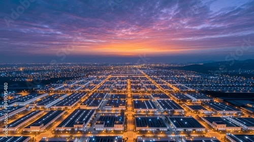 Aerial industrial cityscape with solar panel rooftops and illuminated factories, vibrant urban landscape sunset, sustainable energy infrastructure, colorful evening sky, modern architecture