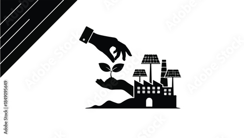 Sustainable city eco friendly urban planning concept with hand holding plant and buildings with solar panels